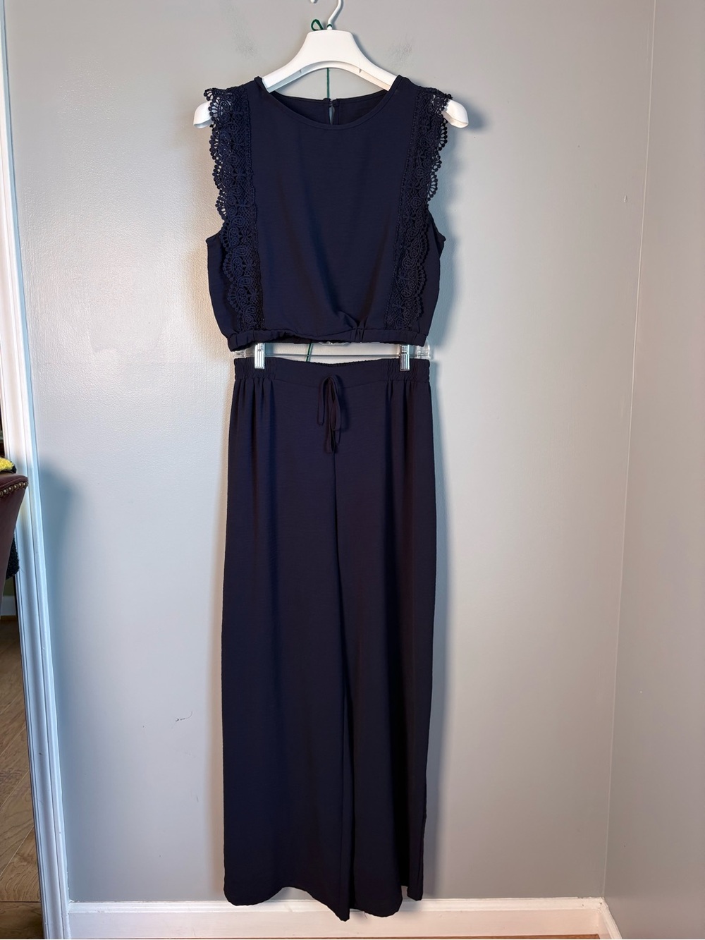 Navy Blue 2-Piece Crop Top & Wide Leg Pants Matching Set Lace Trim Large 8/10